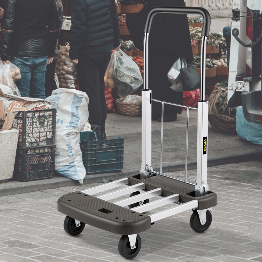 VEVOR Platform Truck Foldable, Compact Platform Cart Adjustable Length, Aluminum Folding Cart Telescoping Handle with 4 Wheels, 330 LBS Capacity