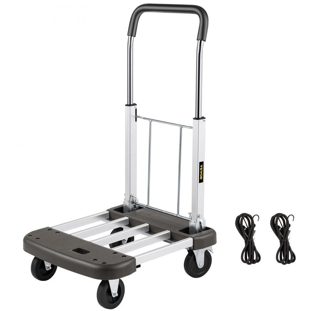 VEVOR Platform Truck Foldable, Compact Platform Cart Adjustable Length, Aluminum Folding Cart Telescoping Handle with 4 Wheels, 330 LBS Capacity