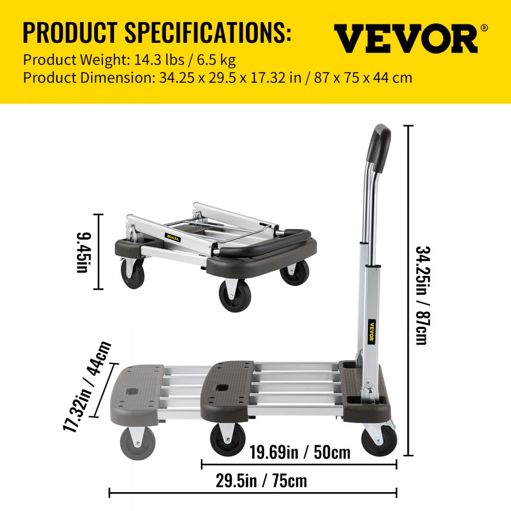 VEVOR Folding
Hand Cart 330 lb Capacity Dolly Truck w/ 4 Wheels Luggage Trolley