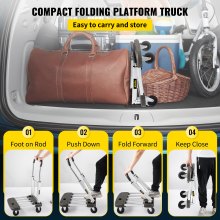 VEVOR Platform Truck Foldable, Compact Platform Cart Adjustable Length, Aluminum Folding Cart Telescoping Handle with 4 Wheels, 330 LBS Capacity