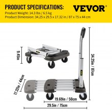 VEVOR Platform Truck Foldable, Compact Platform Cart Adjustable Length, Aluminum Folding Cart Telescoping Handle with 4 Wheels, 330 LBS Capacity