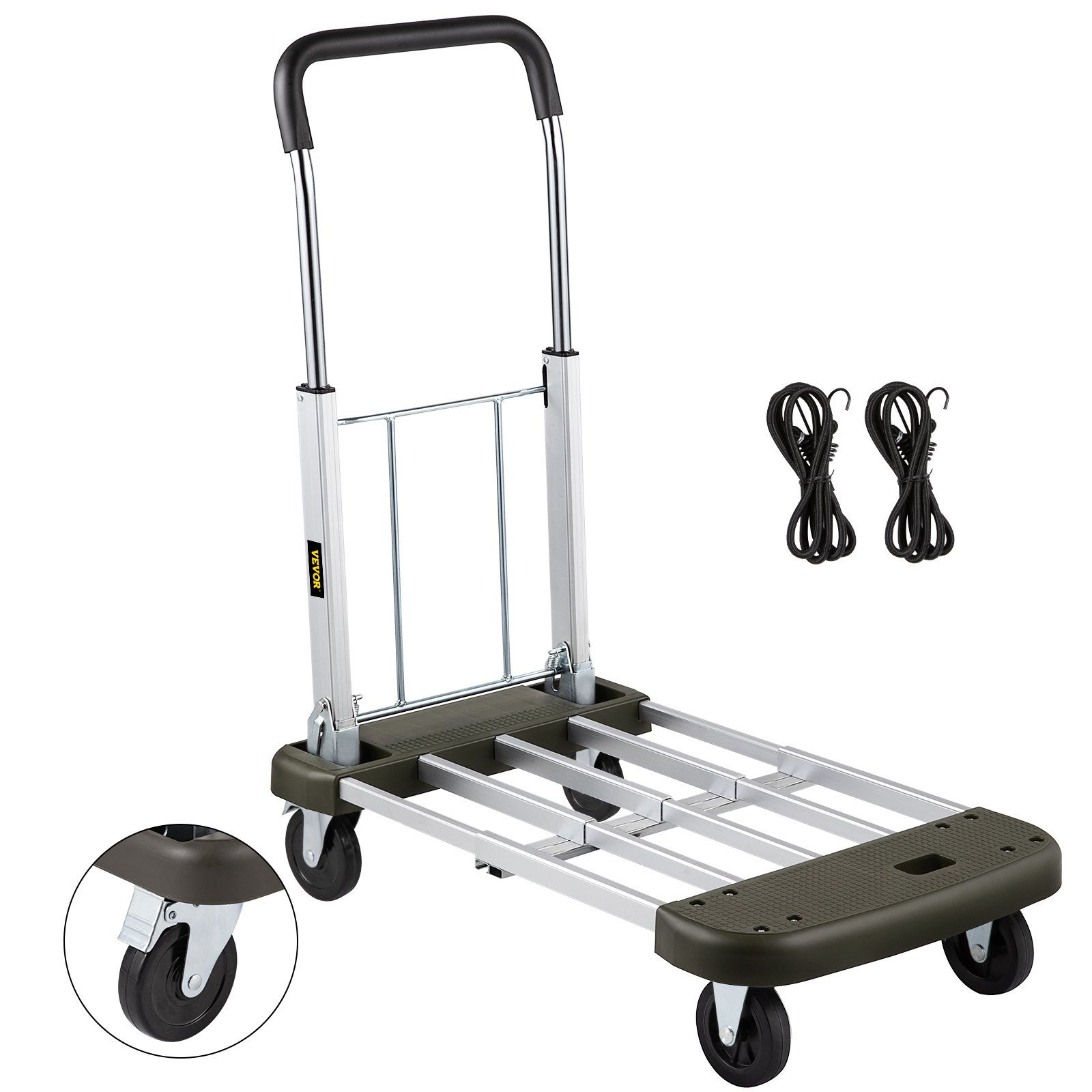 VEVOR Platform Truck Foldable, Compact Platform Cart Adjustable Length, Aluminum Folding Cart Telescoping Handle with 4 Wheels, 330 LBS Capacity