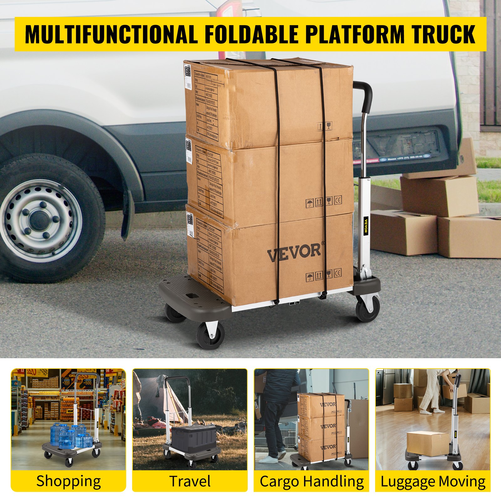 VEVOR Folding
Hand Cart 330 lb Capacity Dolly Truck w/ 4 Wheels Luggage Trolley