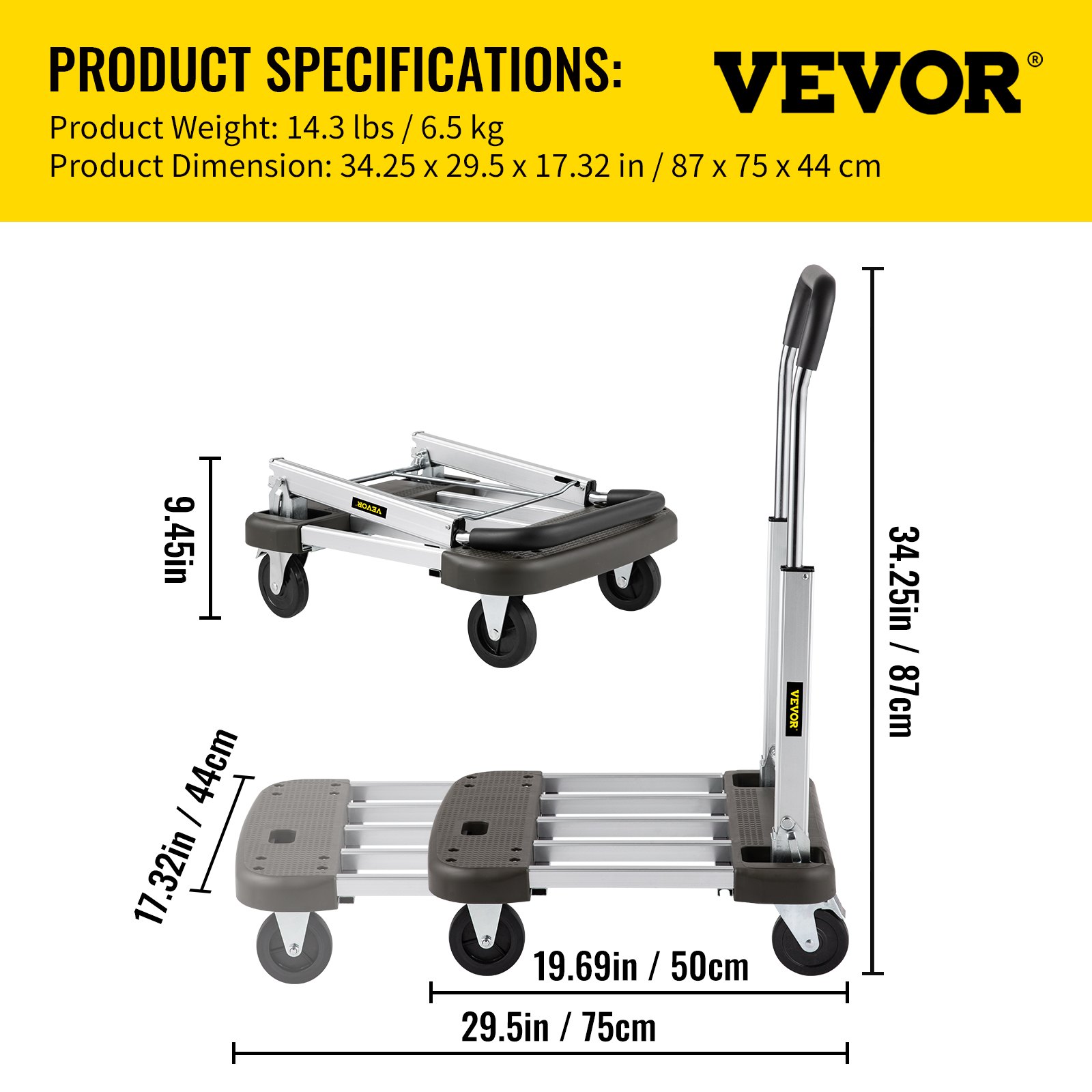 VEVOR Folding
Hand Cart 330 lb Capacity Dolly Truck w/ 4 Wheels Luggage Trolley