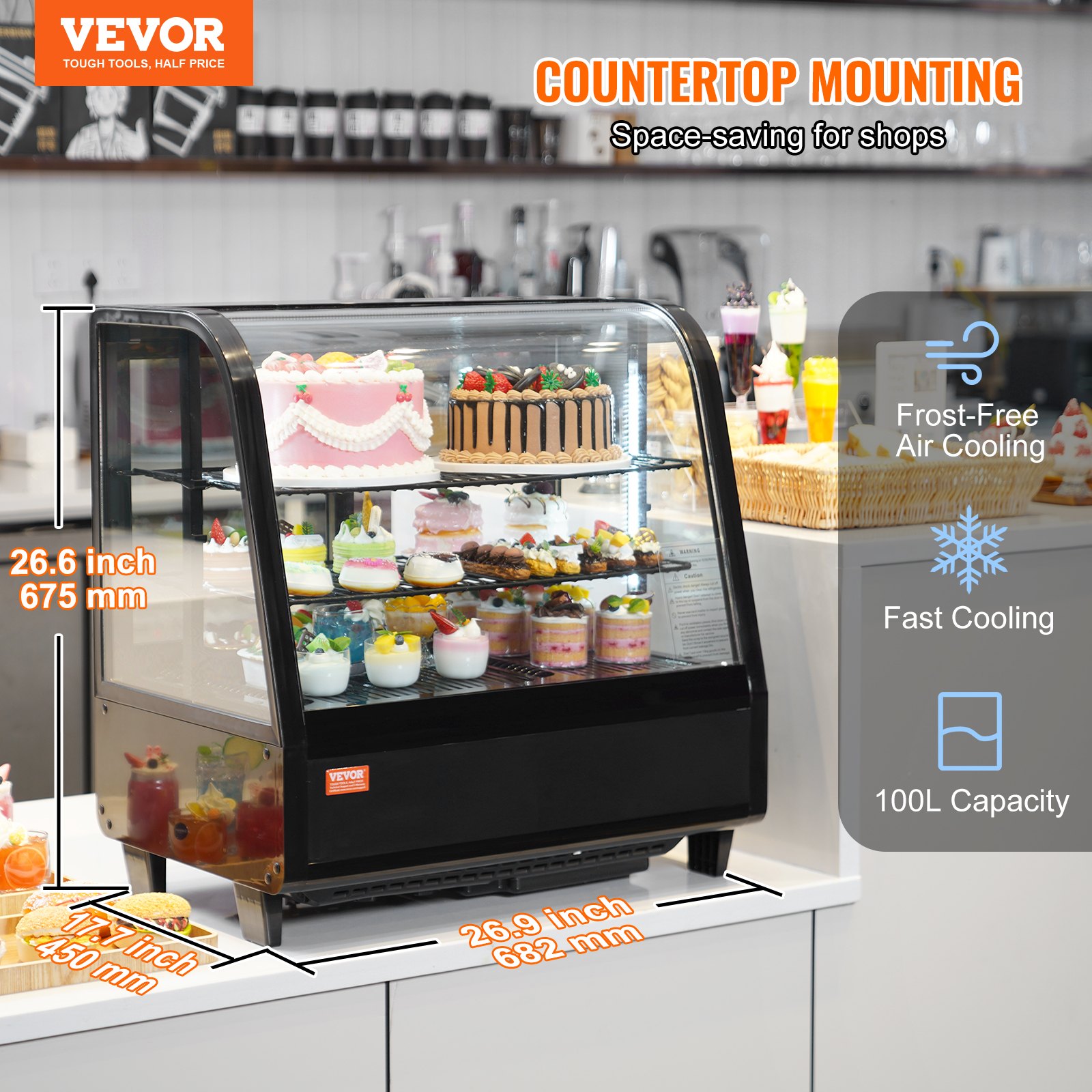 Refrigerated Display Case, 3.5 Cu.Ft./100L, 2-Tier, Countertop Pastry Display Case Commercial Display Refrigerator with LED Lighting, TURBO Cooling, Frost-Free Air-Cooling, Rear Sliding Door Refrigerated Display Case, 3.5 Cu.Ft./100L, 2-Tier, Countertop Pastry Display Case Commercial Display Refrigerator with LED Lighting, TURBO Cooling, Frost-Free Air-Cooling, Rear Sliding Door