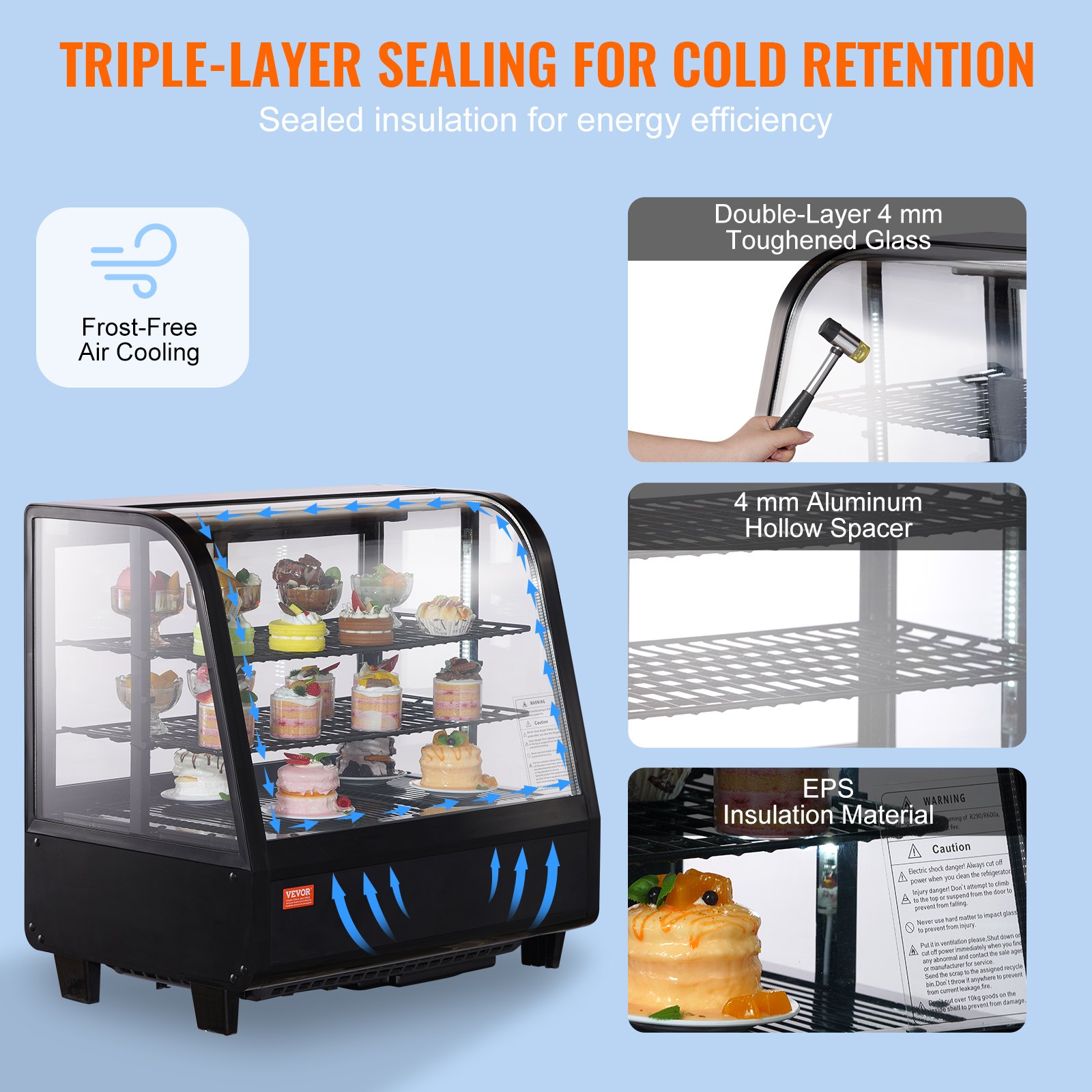 Refrigerated Display Case, 3.5 Cu.Ft./100L, 2-Tier, Countertop Pastry Display Case Commercial Display Refrigerator with LED Lighting, TURBO Cooling, Frost-Free Air-Cooling, Rear Sliding Door Refrigerated Display Case, 3.5 Cu.Ft./100L, 2-Tier, Countertop Pastry Display Case Commercial Display Refrigerator with LED Lighting, TURBO Cooling, Frost-Free Air-Cooling, Rear Sliding Door