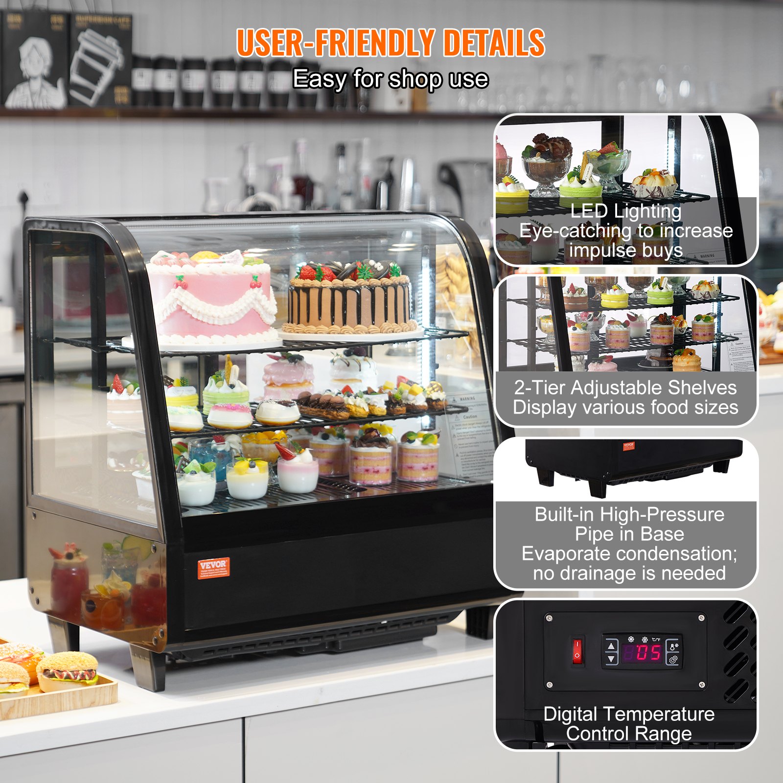 Refrigerated Display Case, 3.5 Cu.Ft./100L, 2-Tier, Countertop Pastry Display Case Commercial Display Refrigerator with LED Lighting, TURBO Cooling, Frost-Free Air-Cooling, Rear Sliding Door Refrigerated Display Case, 3.5 Cu.Ft./100L, 2-Tier, Countertop Pastry Display Case Commercial Display Refrigerator with LED Lighting, TURBO Cooling, Frost-Free Air-Cooling, Rear Sliding Door