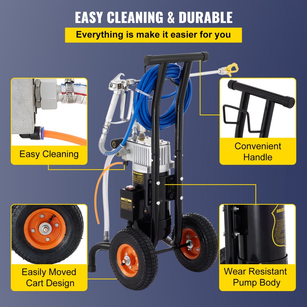 VEVOR 1.5HP Airless Paint Sprayer, 3200PSI Pressure Airless Sprayer,Wall Paint Gun Sprayer with 15 M Hose, Spraying Machine with Two Set Hose for Wall & Ceiling/Wood & Metal Paint