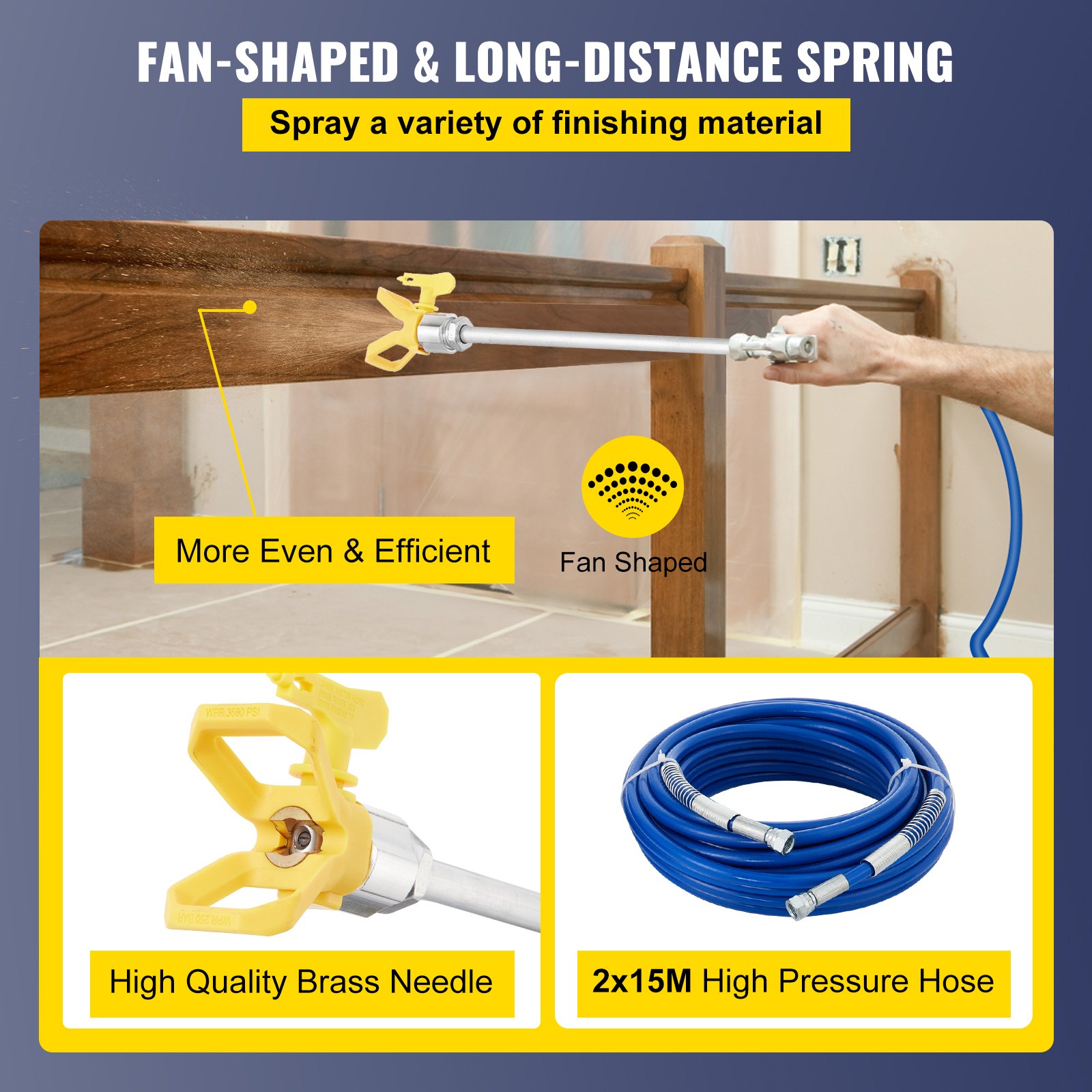 VEVOR 1.5HP Airless Paint Sprayer, 3200PSI Pressure Airless Sprayer,Wall Paint Gun Sprayer with 15 M Hose, Spraying Machine with Two Set Hose for Wall & Ceiling/Wood & Metal Paint