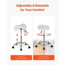 VEVOR Saddle Stool with Wheels, 450 LBS Weight Capacity Ergonomic Rolling Stool, Height Adjustable Thickened PU Leather Swivel Saddle Chair for Salon, Spa, Massage, Tattoo, Clinic, White