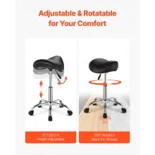 VEVOR Saddle Stool with Wheels, 450 LBS Weight Capacity Ergonomic Rolling Stool, Height Adjustable Thickened PU Leather Swivel Saddle Chair for Salon, Spa, Massage, Tattoo, Clinic, Black