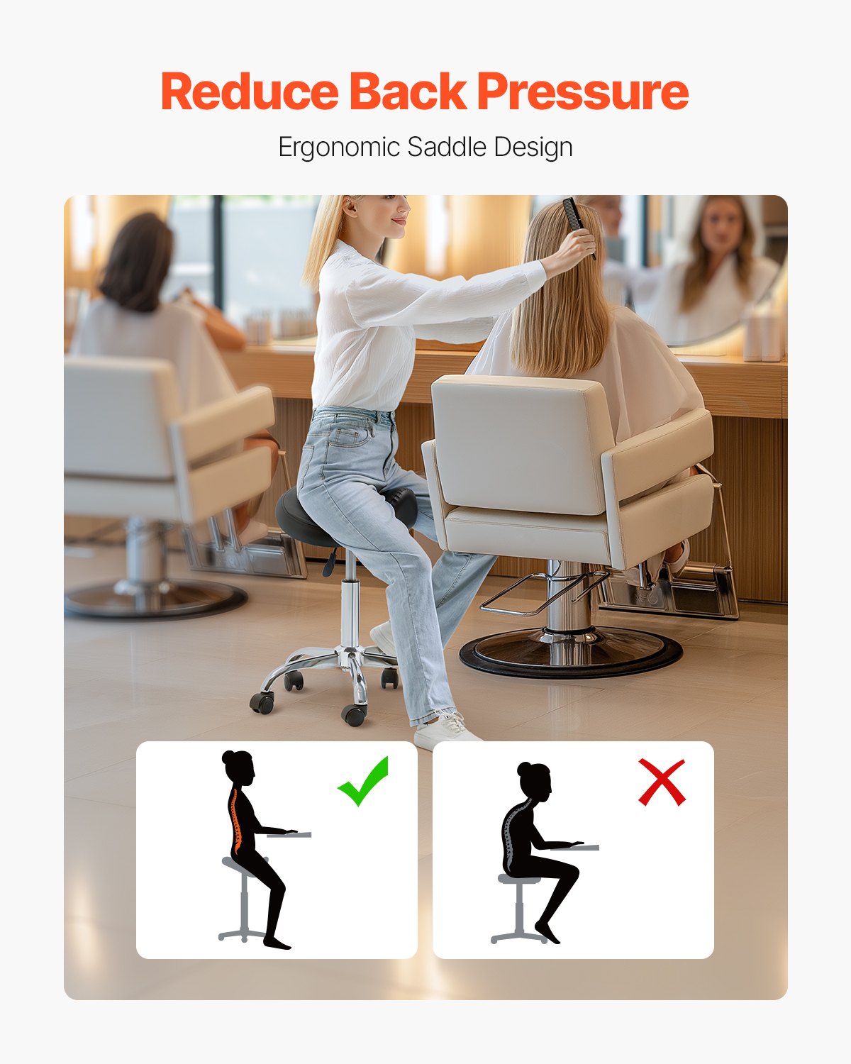 VEVOR Saddle Stool with Wheels, 450 LBS Weight Capacity Ergonomic Rolling Stool, Height Adjustable Thickened PU Leather Swivel Saddle Chair for Salon, Spa, Massage, Tattoo, Clinic, Black