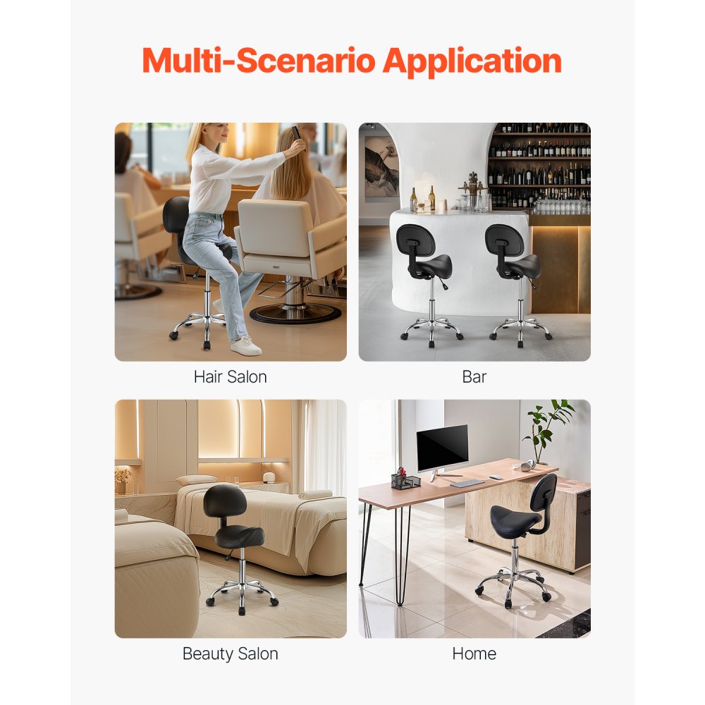 VEVOR Saddle Rolling Stool, PU Leather Rolling Stool with Backrest, 360° Swivel Drafting Stool with Thickened Cushion, Height Adjustable Rolling Work SPA Stool, for Office, Home, Salon & Bar, Black