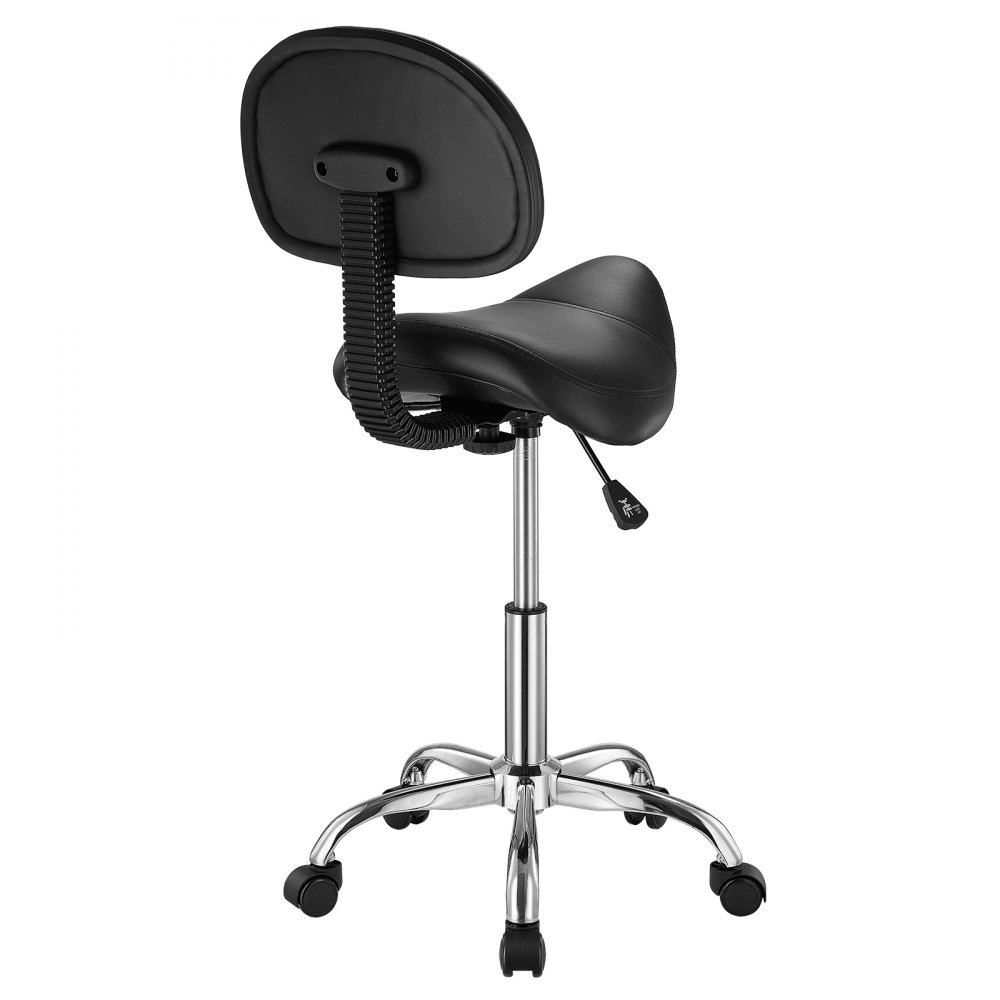VEVOR Saddle Rolling Stool, PU Leather Rolling Stool with Backrest, 360° Swivel Drafting Stool with Thickened Cushion, Height Adjustable Rolling Work SPA Stool, for Office, Home, Salon & Bar, Black
