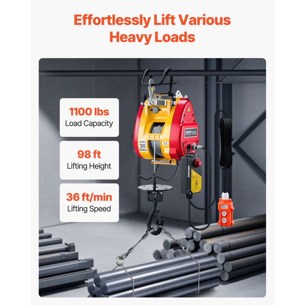 VEVOR 2-in-1 Electric Hoist Winch, 500 KG Capacity, 1800W Portable Power Winch, 30 m Lifting Height, 11 m/min with Wire and Wireless Remote Control, for Garage, Warehouse, Factory Lifting Towing