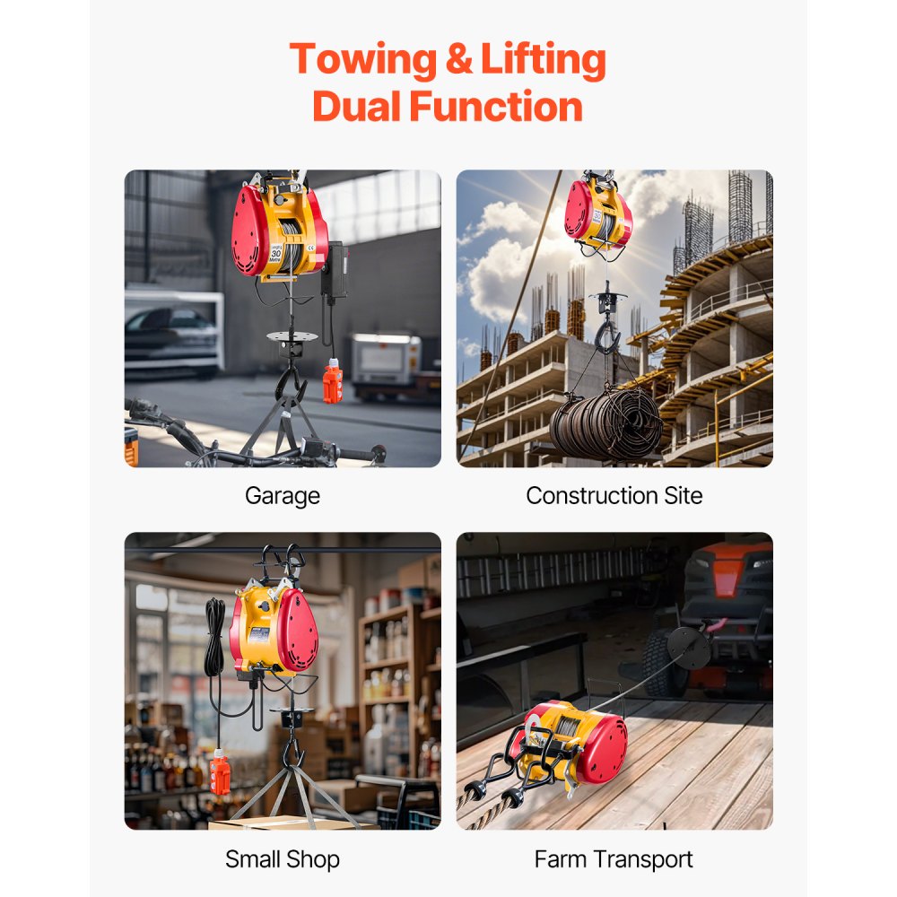 VEVOR 2-in-1 Electric Hoist Winch, 500 KG Capacity, 1800W Portable Power Winch, 30 m Lifting Height, 11 m/min with Wire and Wireless Remote Control, for Garage, Warehouse, Factory Lifting Towing