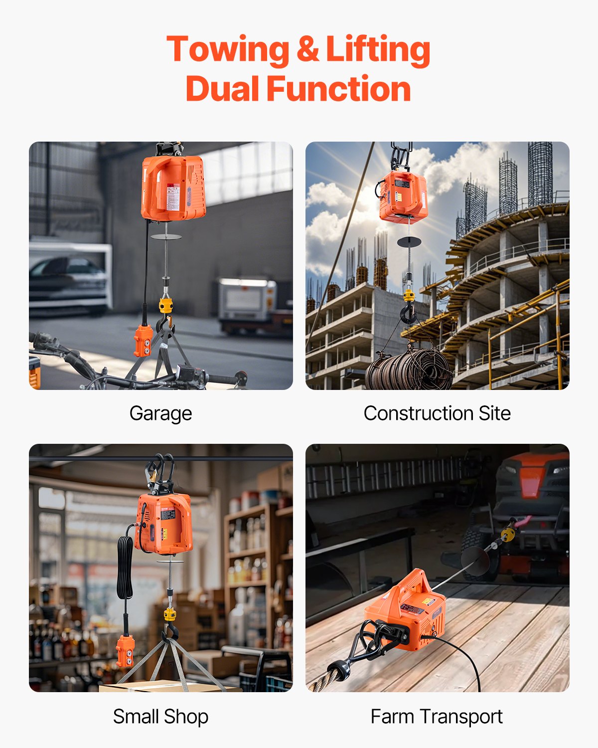 VEVOR 3-in-1 Electric Hoist Winch, 500 KG Capacity, 1500W Portable Power Winch, 9.1 m Lifting Height, 4.88 m/min with Wire and Wireless Remote Control, for Garage, Warehouse, Factory Lifting Towing