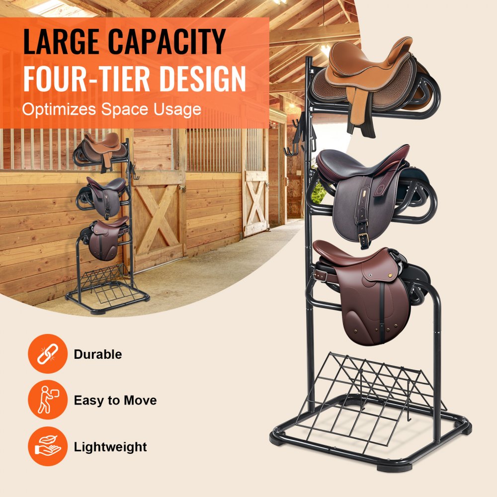 VEVOR Freestanding Saddle Stand, 762 x 737x 1740mm, 3 Tiers Saddle Rack, Heavy Duty Saddle Blanket Holder with Removable & Rotating Tiers, English & Western Saddle Rack for Tack Room Organization