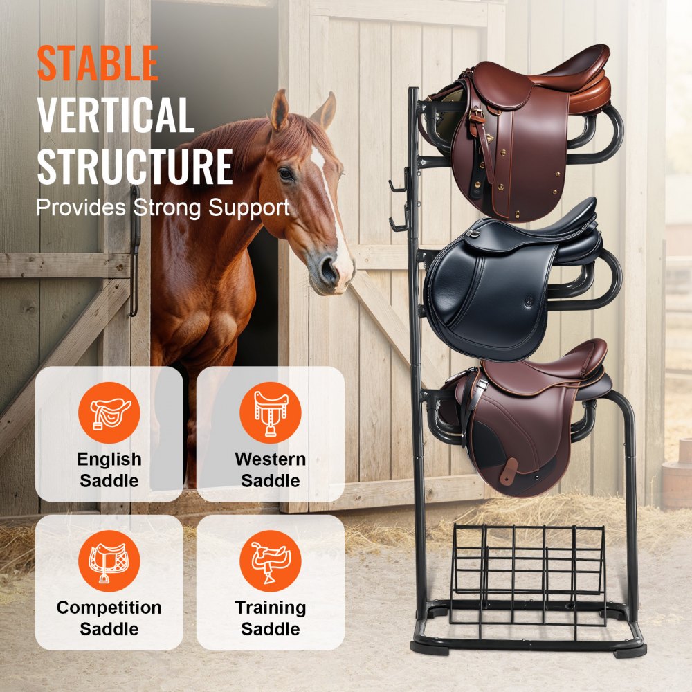 VEVOR Freestanding Saddle Stand, 762 x 737x 1740mm, 3 Tiers Saddle Rack, Heavy Duty Saddle Blanket Holder with Removable & Rotating Tiers, English & Western Saddle Rack for Tack Room Organization