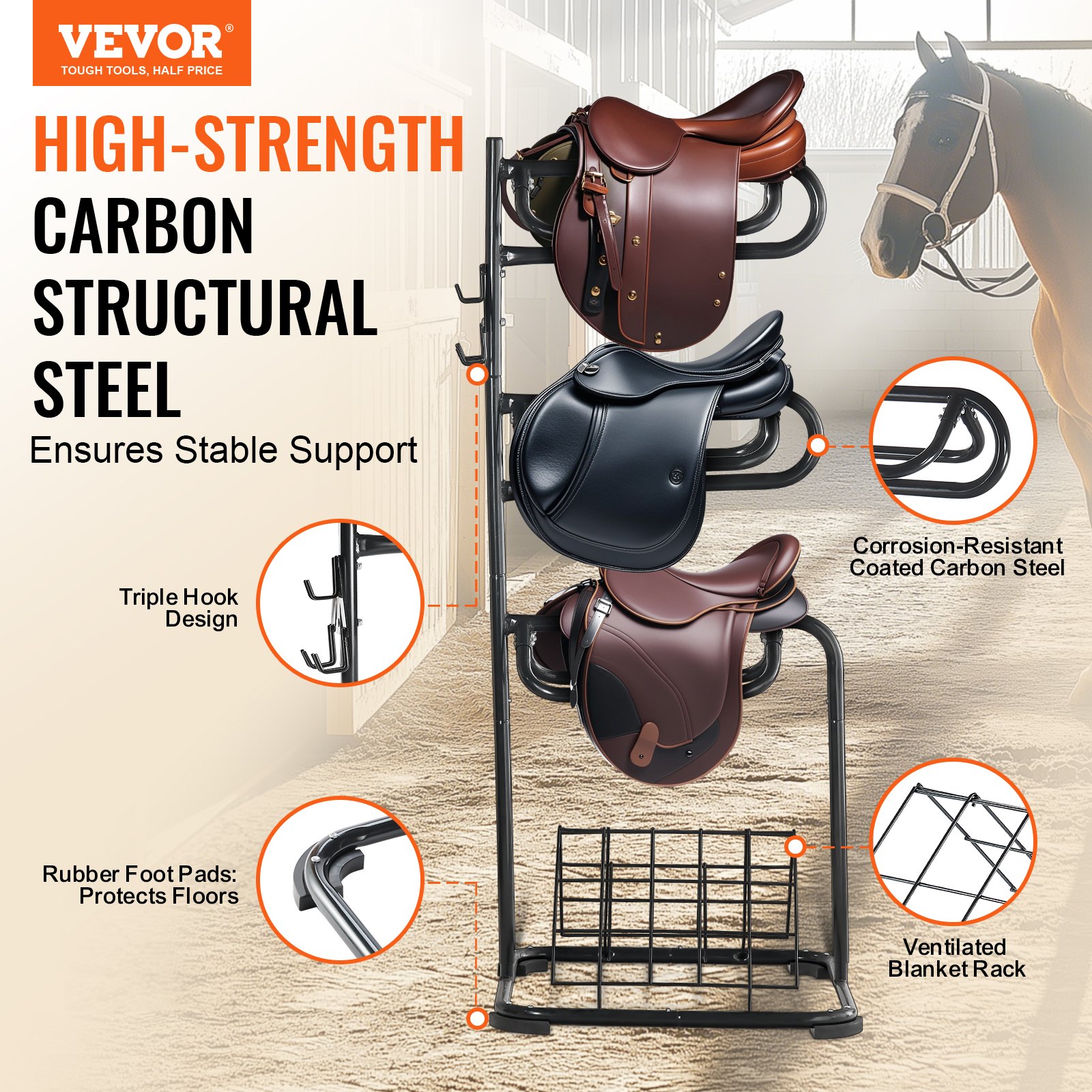 VEVOR Freestanding Saddle Stand, 762 x 737x 1740mm, 3 Tiers Saddle Rack, Heavy Duty Saddle Blanket Holder with Removable & Rotating Tiers, English & Western Saddle Rack for Tack Room Organization