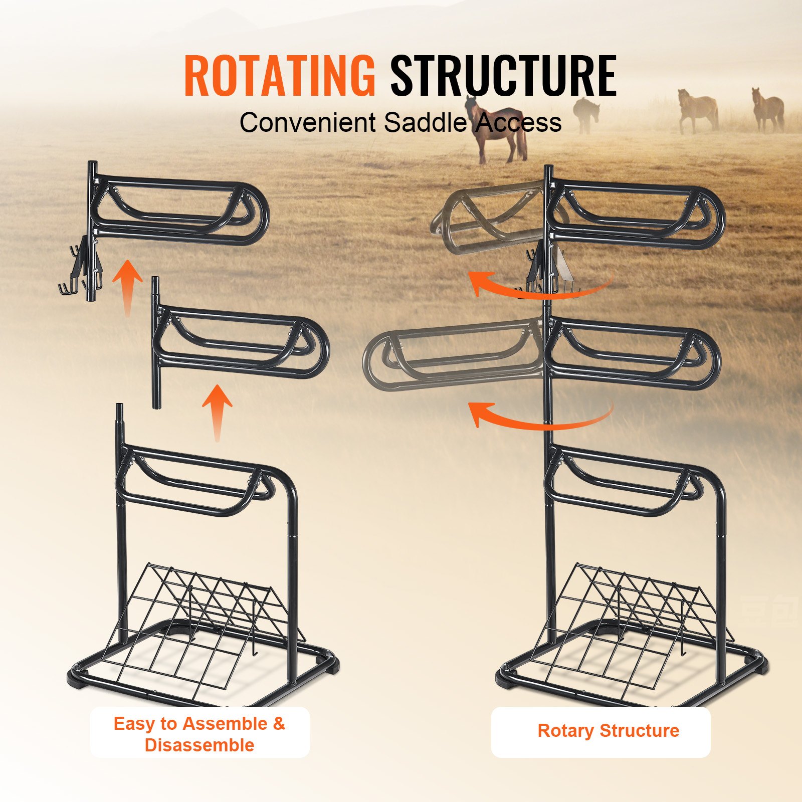 VEVOR Freestanding Saddle Stand, 762 x 737x 1740mm, 3 Tiers Saddle Rack, Heavy Duty Saddle Blanket Holder with Removable & Rotating Tiers, English & Western Saddle Rack for Tack Room Organization