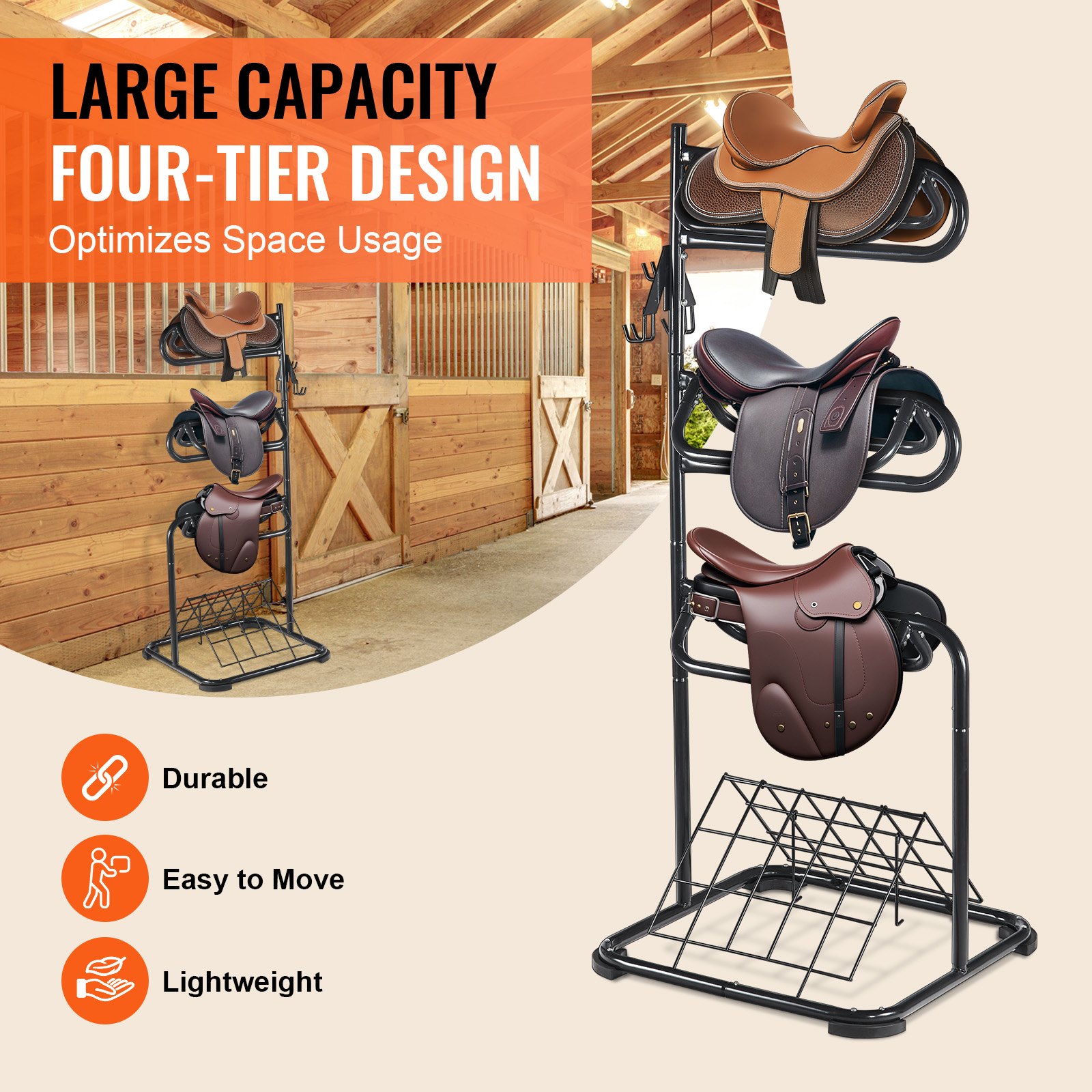 VEVOR Freestanding Saddle Stand, 762 x 737x 1740mm, 3 Tiers Saddle Rack, Heavy Duty Saddle Blanket Holder with Removable & Rotating Tiers, English & Western Saddle Rack for Tack Room Organization