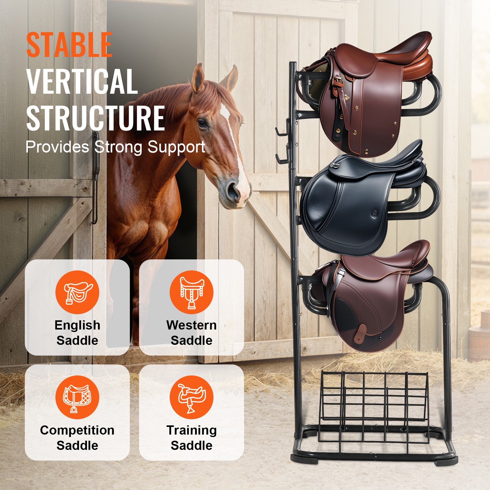 VEVOR Freestanding Saddle Stand, 762 x 737x 1740mm, 3 Tiers Saddle Rack, Heavy Duty Saddle Blanket Holder with Removable & Rotating Tiers, English & Western Saddle Rack for Tack Room Organization