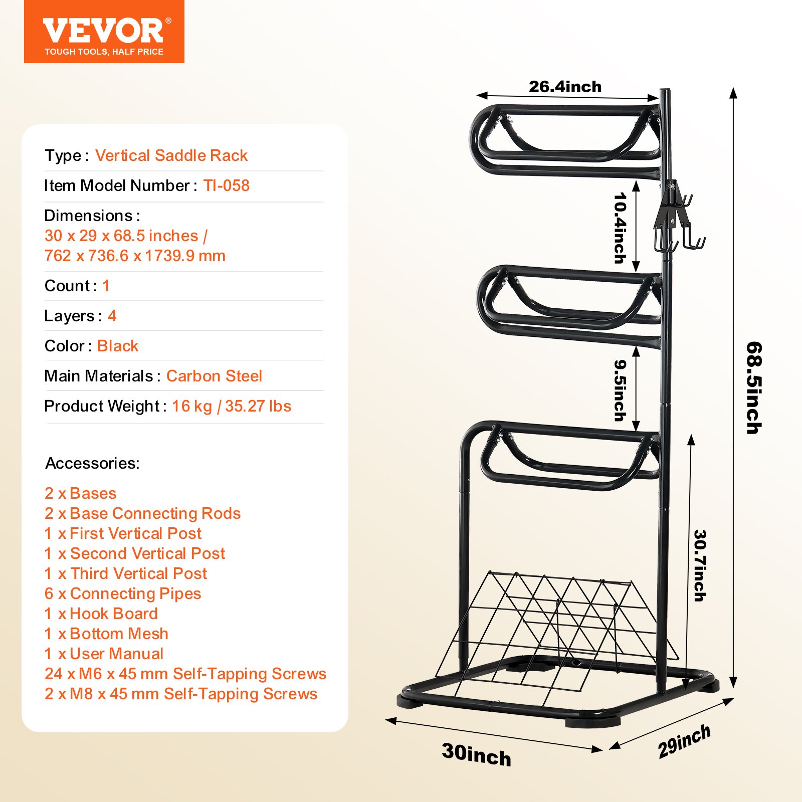 VEVOR Freestanding Saddle Stand, 762 x 737x 1740mm, 3 Tiers Saddle Rack, Heavy Duty Saddle Blanket Holder with Removable & Rotating Tiers, English & Western Saddle Rack for Tack Room Organization