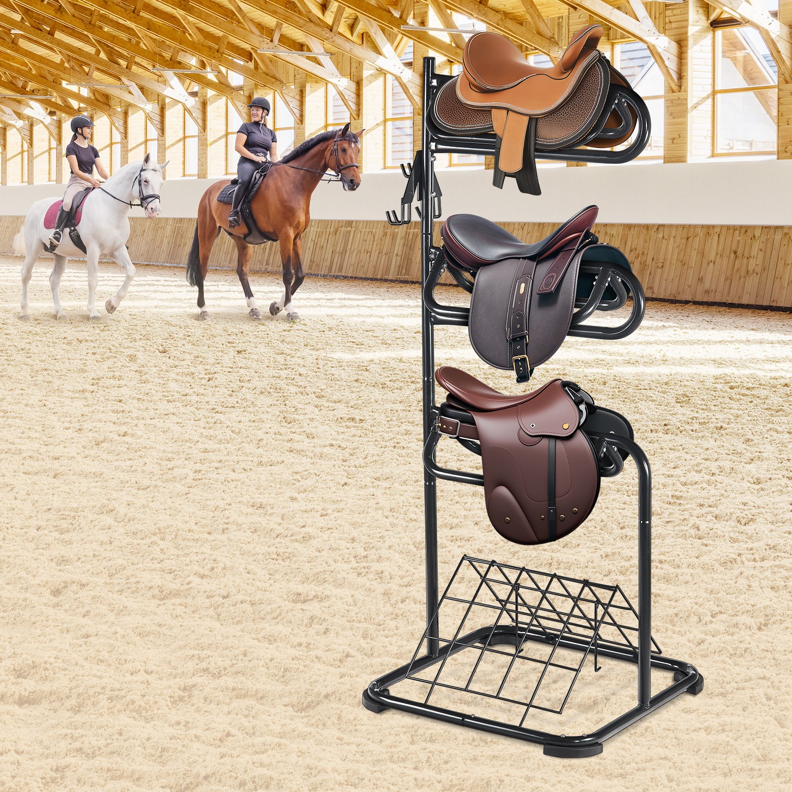 VEVOR Freestanding Saddle Stand, 762 x 737x 1740mm, 3 Tiers Saddle Rack, Heavy Duty Saddle Blanket Holder with Removable & Rotating Tiers, English & Western Saddle Rack for Tack Room Organization