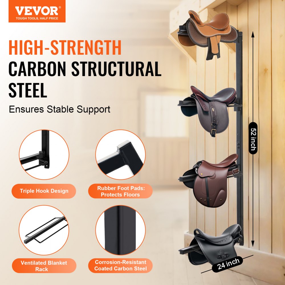 VEVOR Wall Mount Saddle Rack, 24 x 7 x 52 in, Four Tiers Horse Saddle Storage Rack, Heavy Duty  Equestrian Western and English Saddle Stand, Horse Blanket Holder for Tack Room Organization