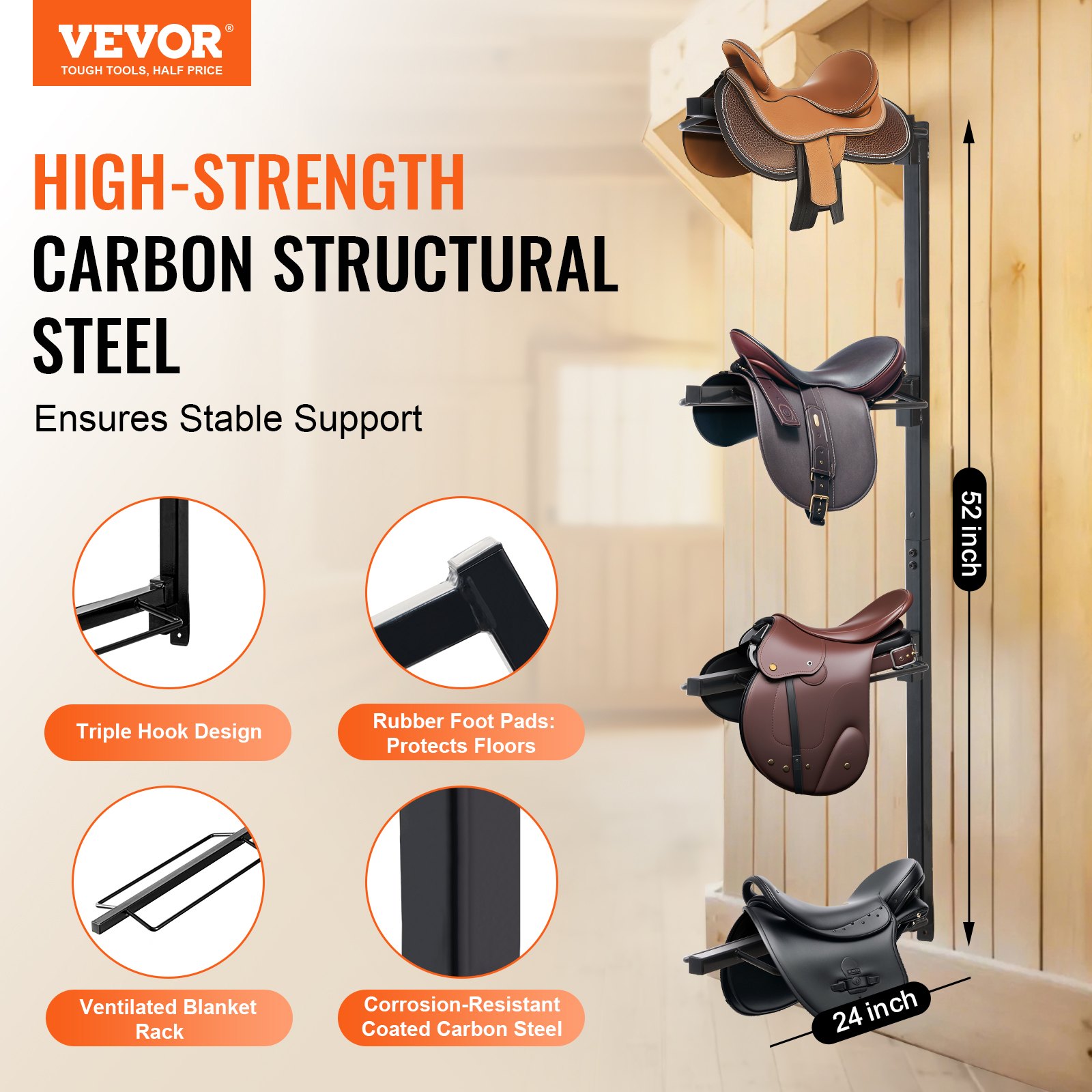 VEVOR Wall Mount Saddle Rack, 24 x 7 x 52 in, Four Tiers Horse Saddle Storage Rack, Heavy Duty  Equestrian Western and English Saddle Stand, Horse Blanket Holder for Tack Room Organization