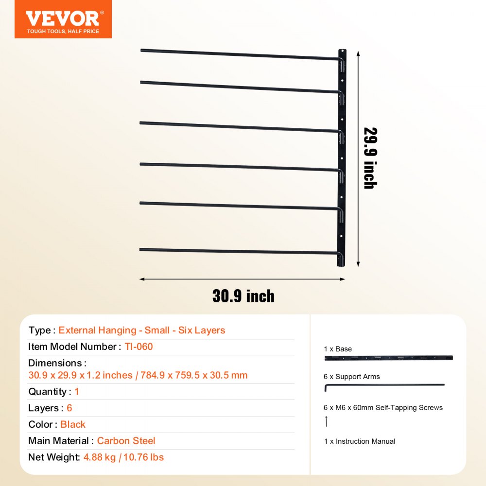 VEVOR Wall Mounted Saddle Rack, 785 x 760 x 30.5mm, Swing Out Saddle Holder, Six Tiers Horse Saddle Stand, Space Saving Horse Pad and Blanket Rack for Tack Room Organization Trailer Accessories