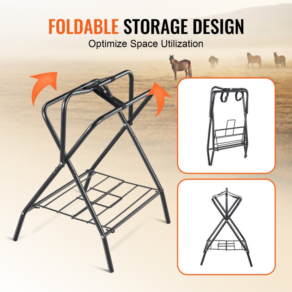 VEVOR Folding Saddle Rack, 28 x 19 x 37.5 in, Freestanding Horse Saddle Stand, Portable Horse Blanket Holder, Heavy Duty Steel Saddle Rack for English & Western Saddles, Tack Storage, Black
