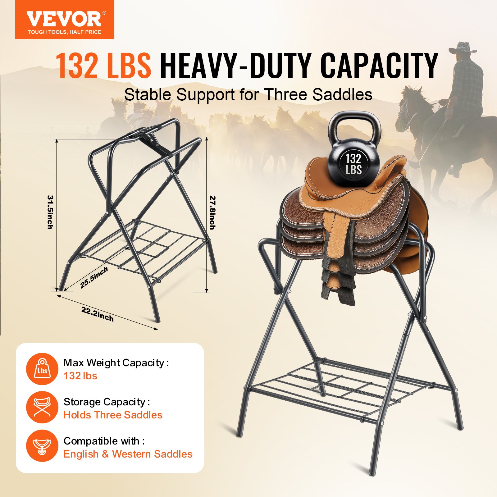 VEVOR Folding Saddle Rack, 28 x 19 x 37.5 in, Freestanding Horse Saddle Stand, Portable Horse Blanket Holder, Heavy Duty Steel Saddle Rack for English & Western Saddles, Tack Storage, Black