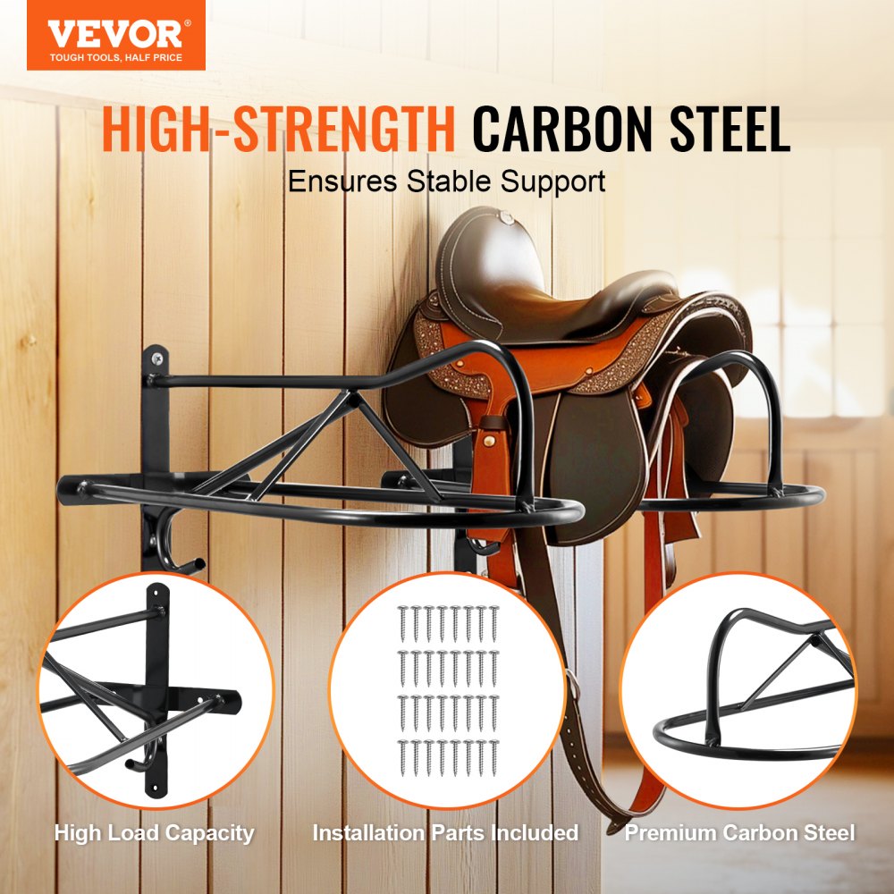 VEVOR Wall Mount Saddle Rack, 580 x 230 x 270mm, 8 Packs Horse Saddle Rack with Pad Bar, Portable Saddle Stand for English & Western Saddle, Horse Tack Storage for Equestrian Garden, Black