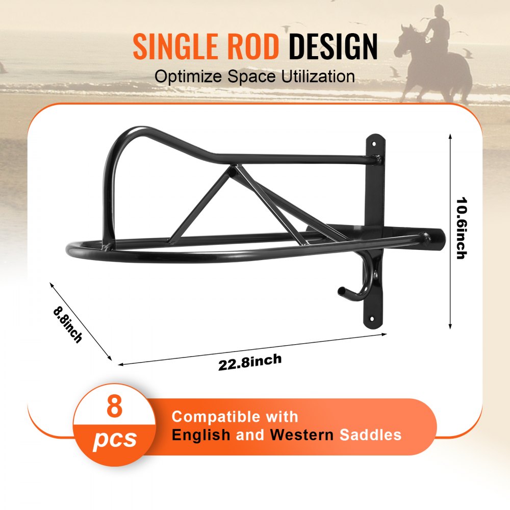 VEVOR Wall Mount Saddle Rack, 580 x 230 x 270mm, 8 Packs Horse Saddle Rack with Pad Bar, Portable Saddle Stand for English & Western Saddle, Horse Tack Storage for Equestrian Garden, Black