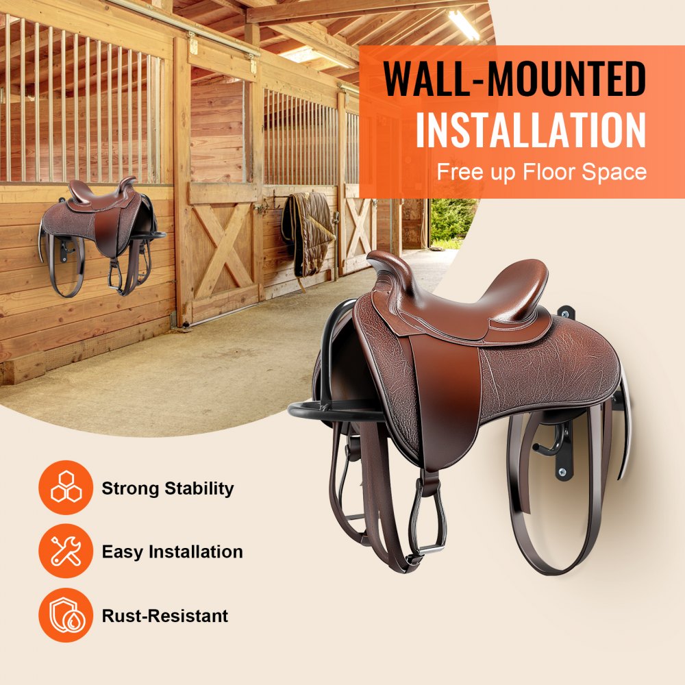 VEVOR Wall Mount Saddle Rack, 580 x 230 x 270mm, 8 Packs Horse Saddle Rack with Pad Bar, Portable Saddle Stand for English & Western Saddle, Horse Tack Storage for Equestrian Garden, Black