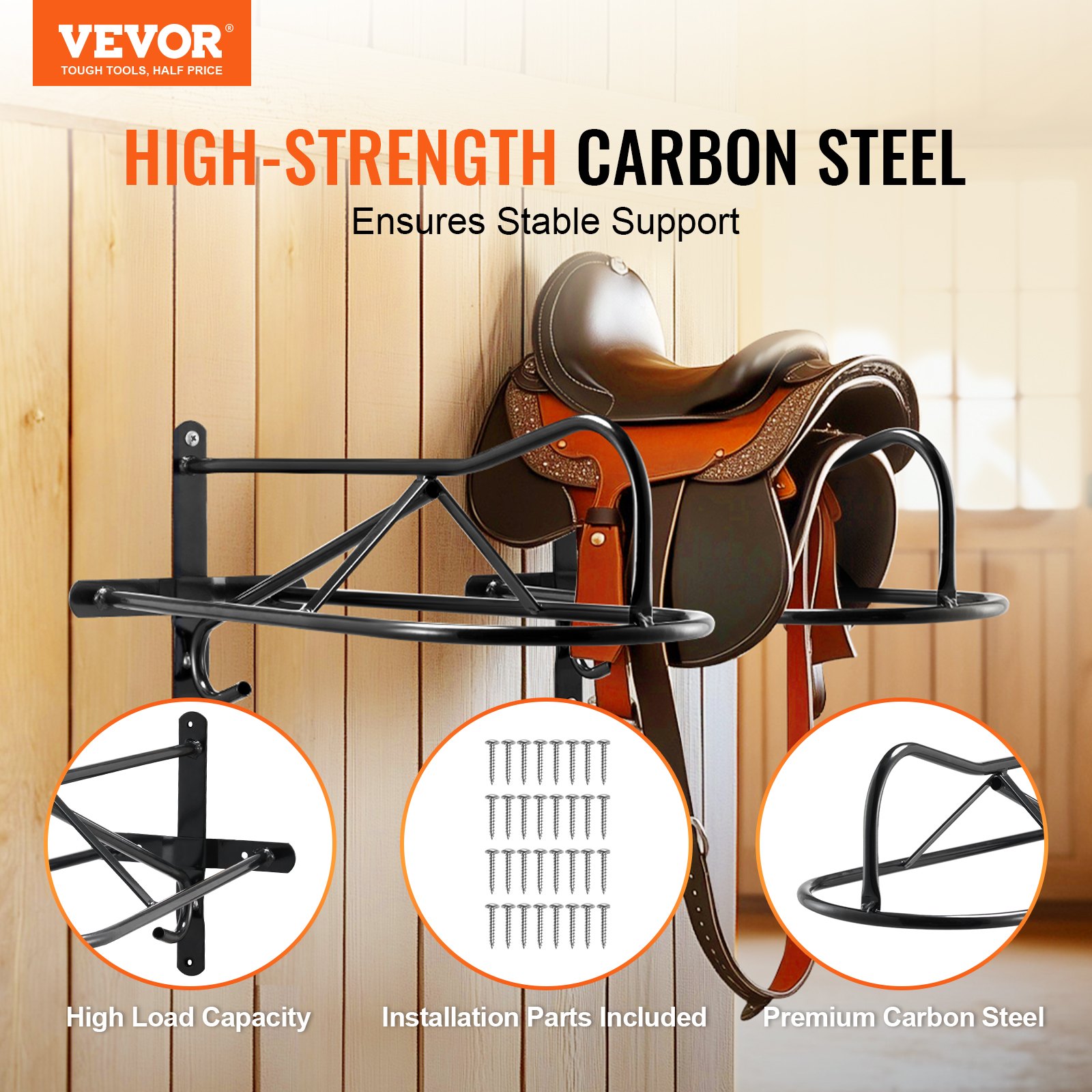 VEVOR Wall Mount Saddle Rack, 580 x 230 x 270mm, 8 Packs Horse Saddle Rack with Pad Bar, Portable Saddle Stand for English & Western Saddle, Horse Tack Storage for Equestrian Garden, Black