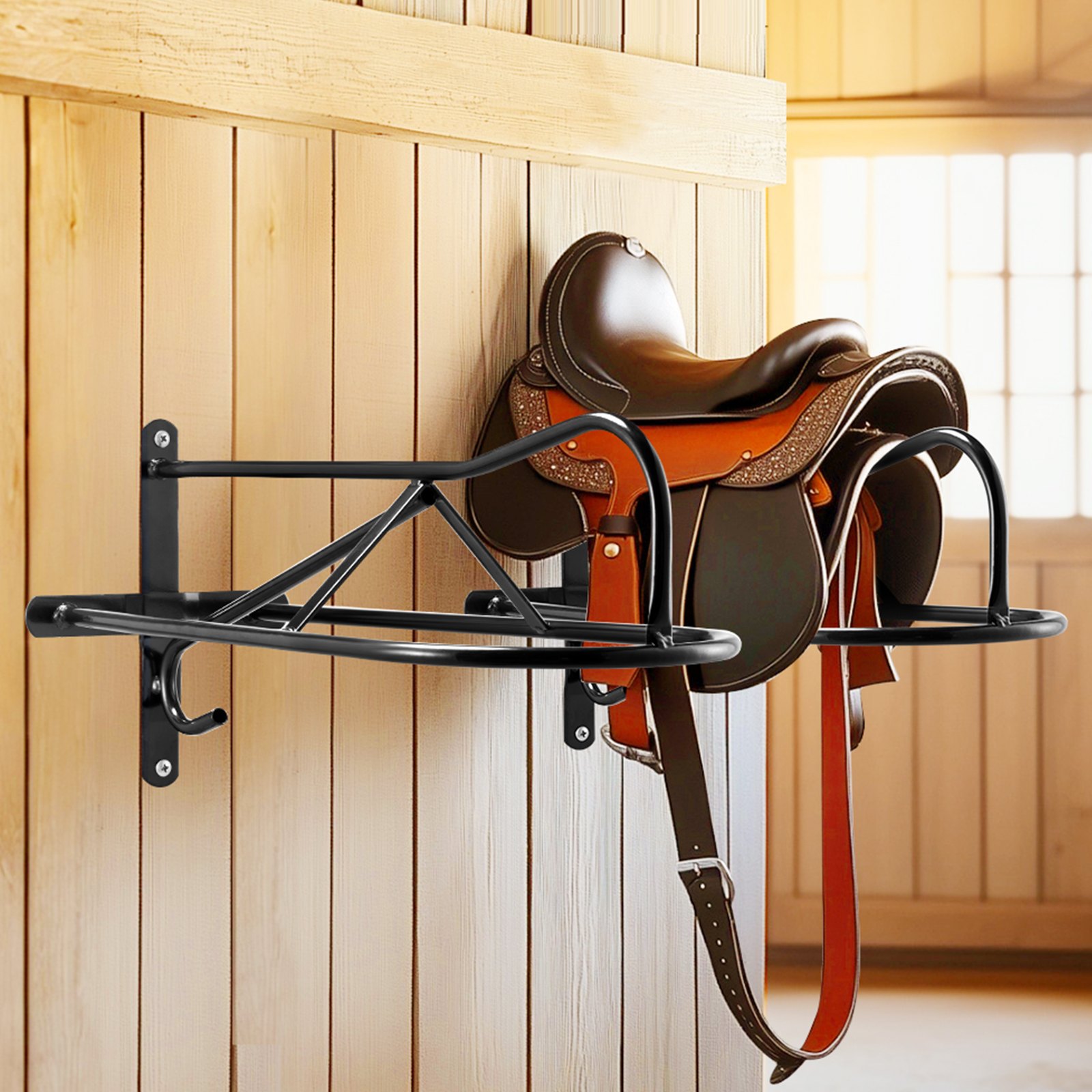 VEVOR Wall Mount Saddle Rack, 580 x 230 x 270mm, 8 Packs Horse Saddle Rack with Pad Bar, Portable Saddle Stand for English & Western Saddle, Horse Tack Storage for Equestrian Garden, Black