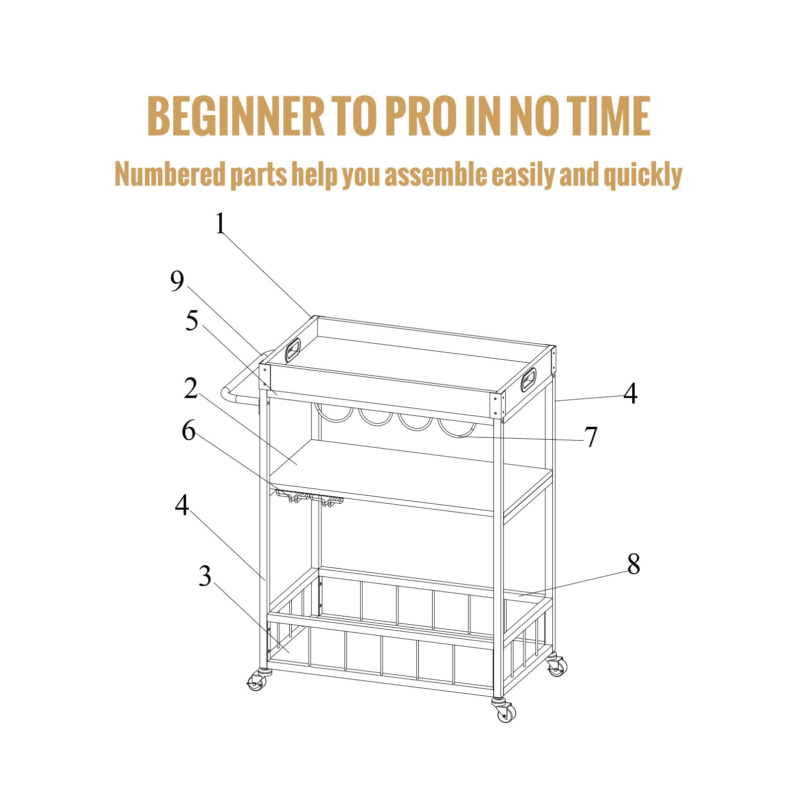 VEVOR 3-Tier Bar Serving Cart Rolling Trolley with Wine Grid Glass Holder 110LBS