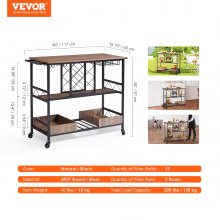 VEVOR 3-Tier Bar Serving Cart Rolling Trolley with Wine Grid Glass Holder 300LBS