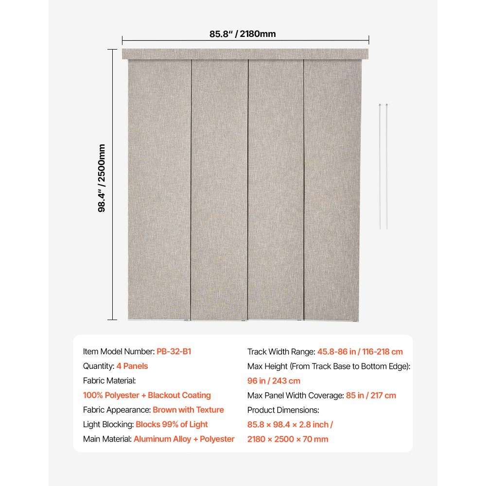 VEVOR Panel Track Blinds, Extendable Track from 116 cm to 218 cm W, Trimmable Panel Curtains Up to 243cm H, Vertical Blackout Panel Blinds for Sliding Doors, Patio Doors, Room Divider, Windows, Brown
