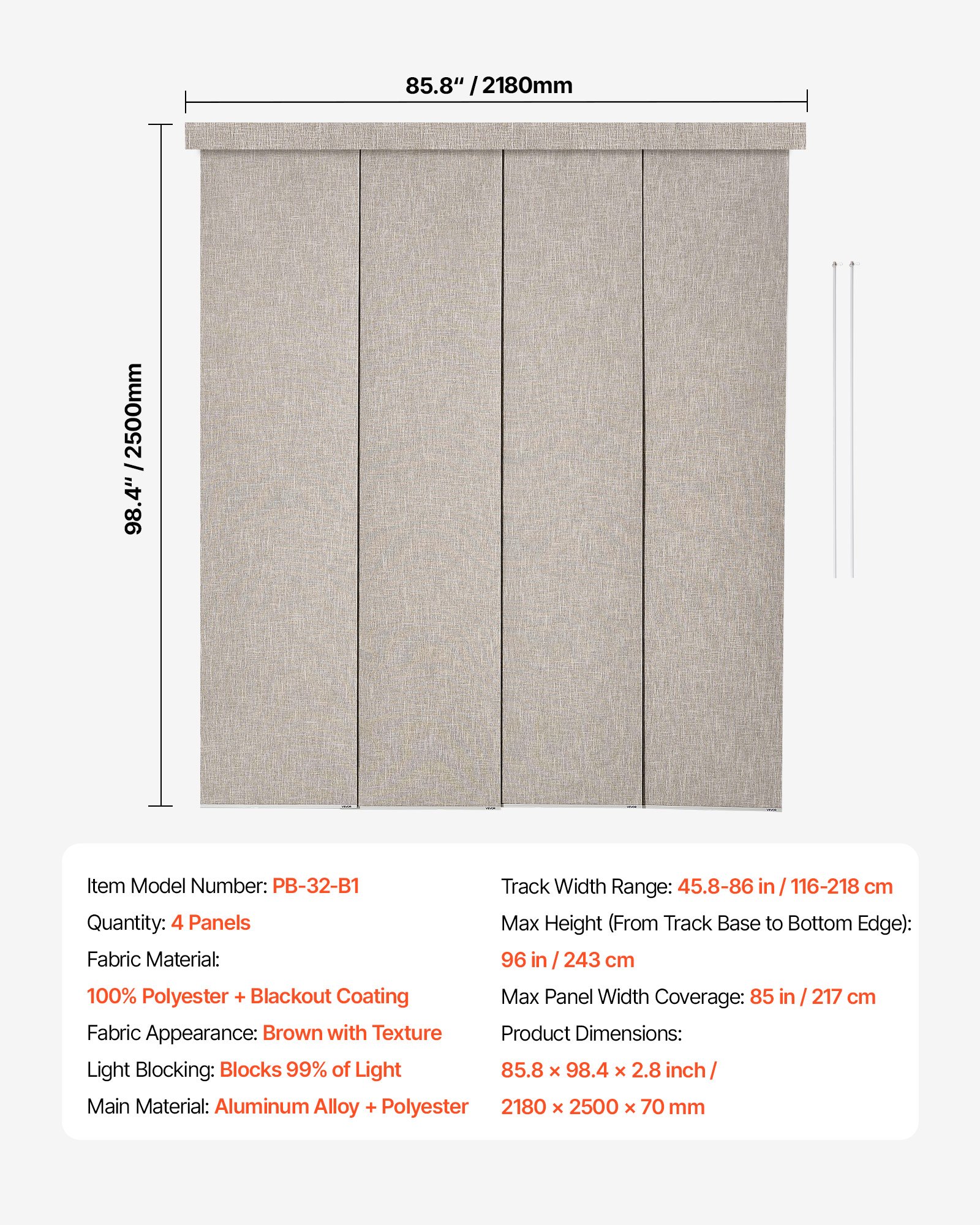 VEVOR Panel Track Blinds, Extendable Track from 116 cm to 218 cm W, Trimmable Panel Curtains Up to 243cm H, Vertical Blackout Panel Blinds for Sliding Doors, Patio Doors, Room Divider, Windows, Brown