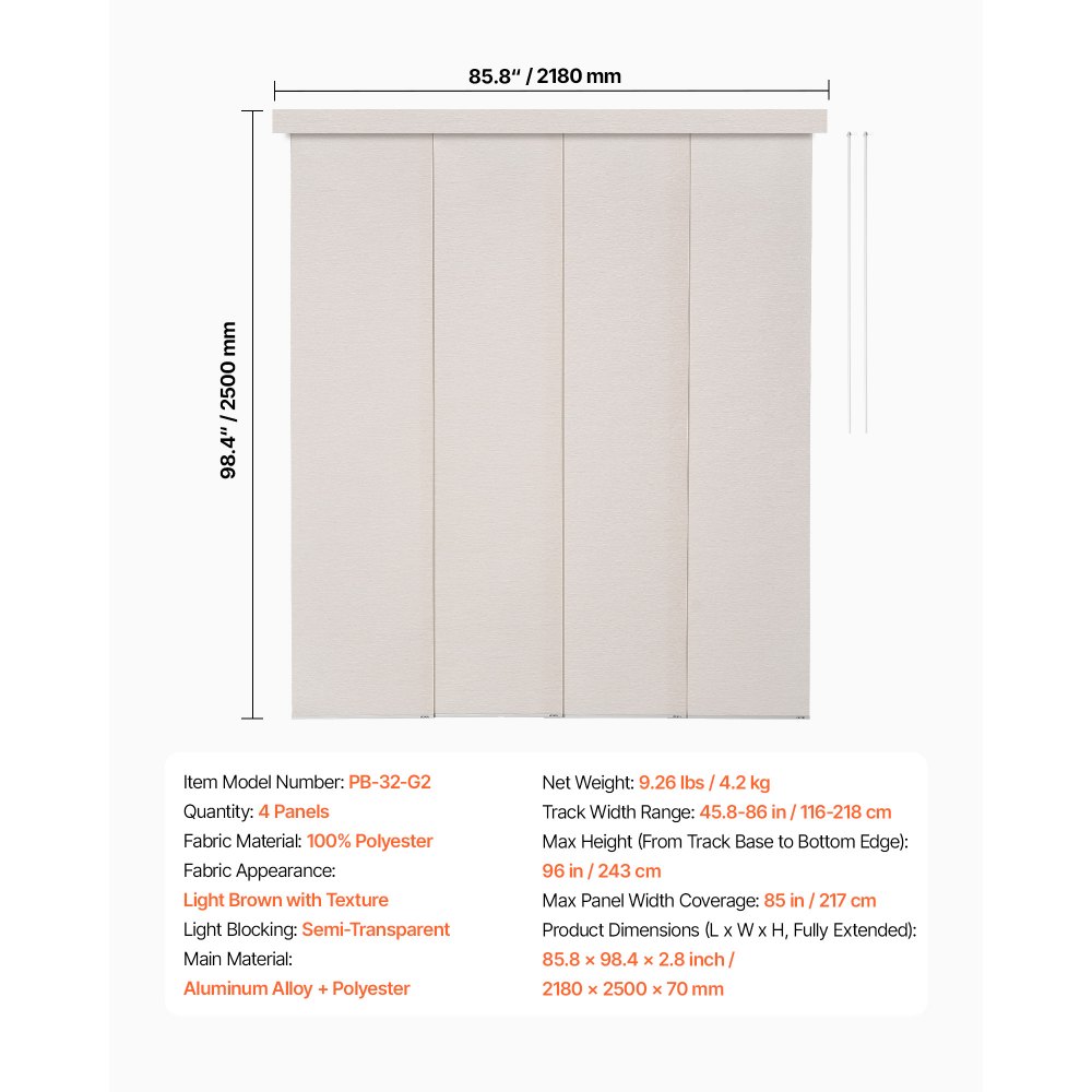 VEVOR Panel Track Blinds, Extendable Track from 116 cm to 218 cm W, Trimmable Panel Curtains Up to 243cm H, Adjustable Vertical Panel Blinds for Sliding Doors, Patio Doors, Room Divider, Light Brown