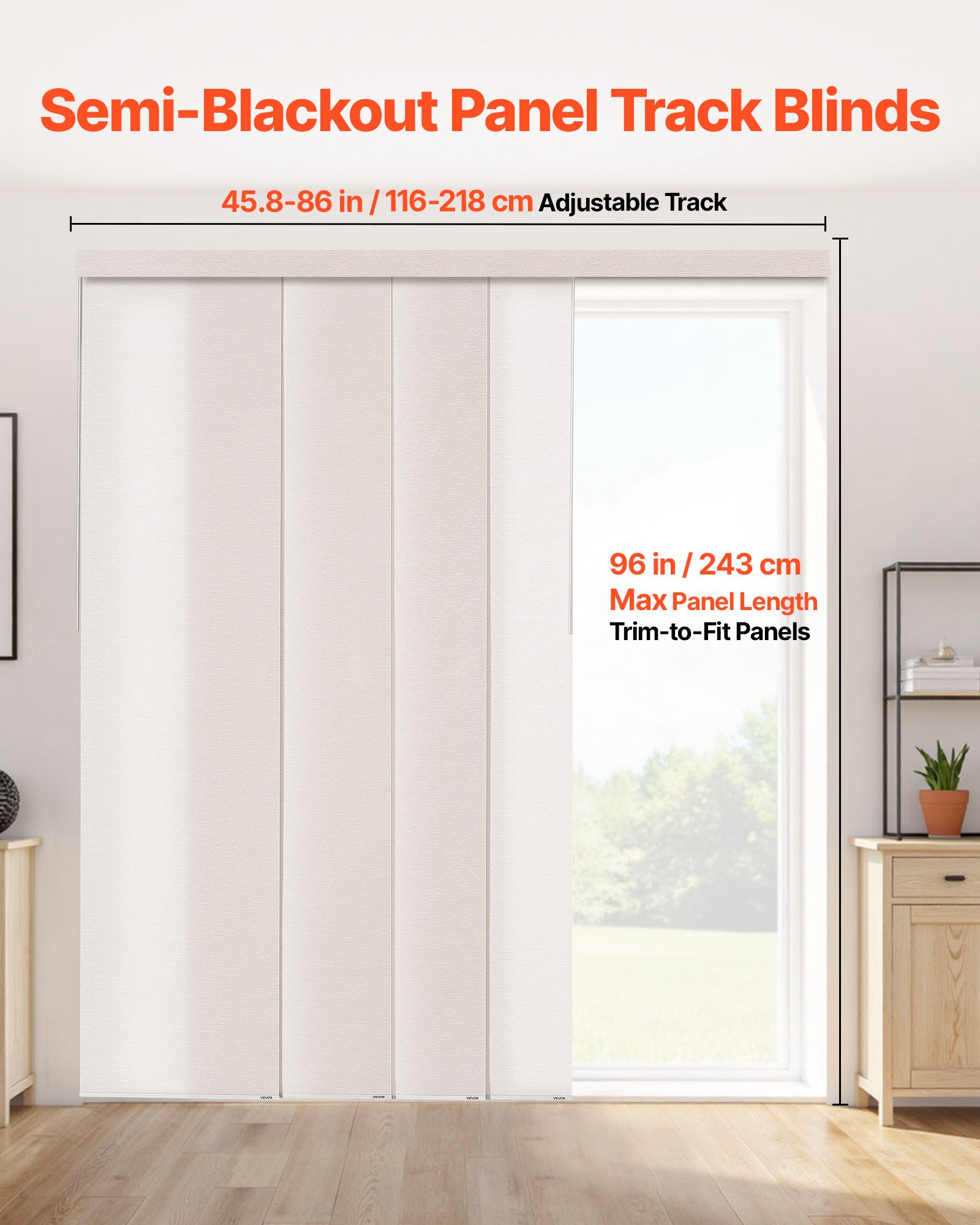 VEVOR Panel Track Blinds, Extendable Track from 116 cm to 218 cm W, Trimmable Panel Curtains Up to 243cm H, Adjustable Vertical Panel Blinds for Sliding Doors, Patio Doors, Room Divider, Light Brown