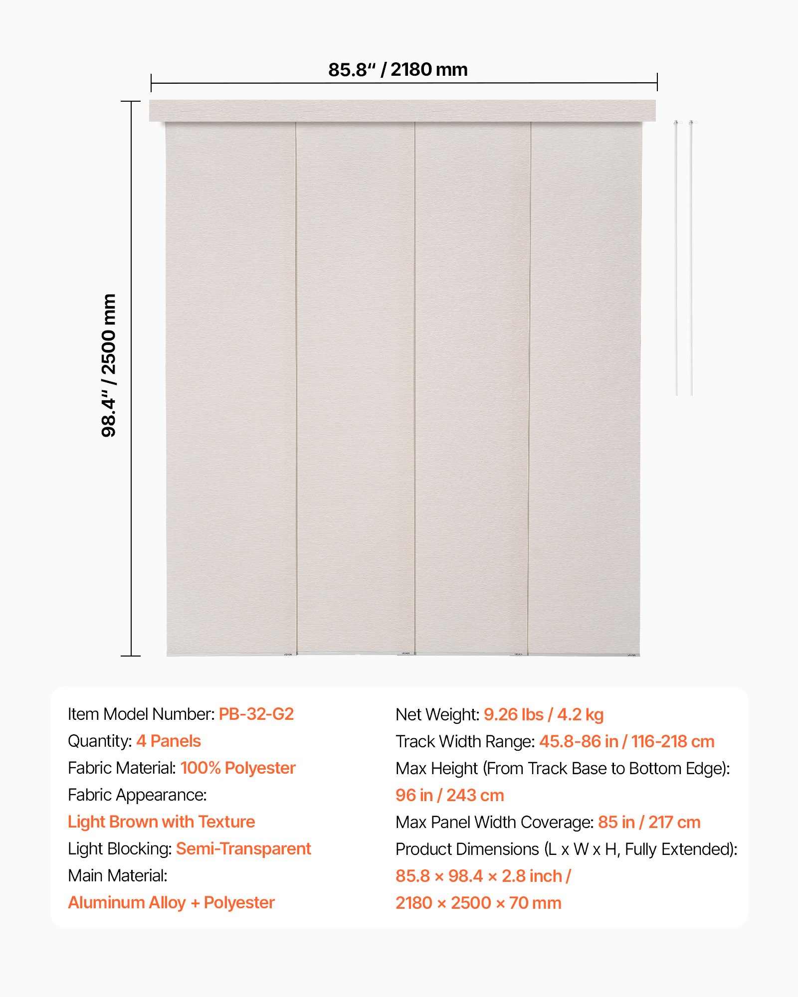 VEVOR Panel Track Blinds, Extendable Track from 116 cm to 218 cm W, Trimmable Panel Curtains Up to 243cm H, Adjustable Vertical Panel Blinds for Sliding Doors, Patio Doors, Room Divider, Light Brown