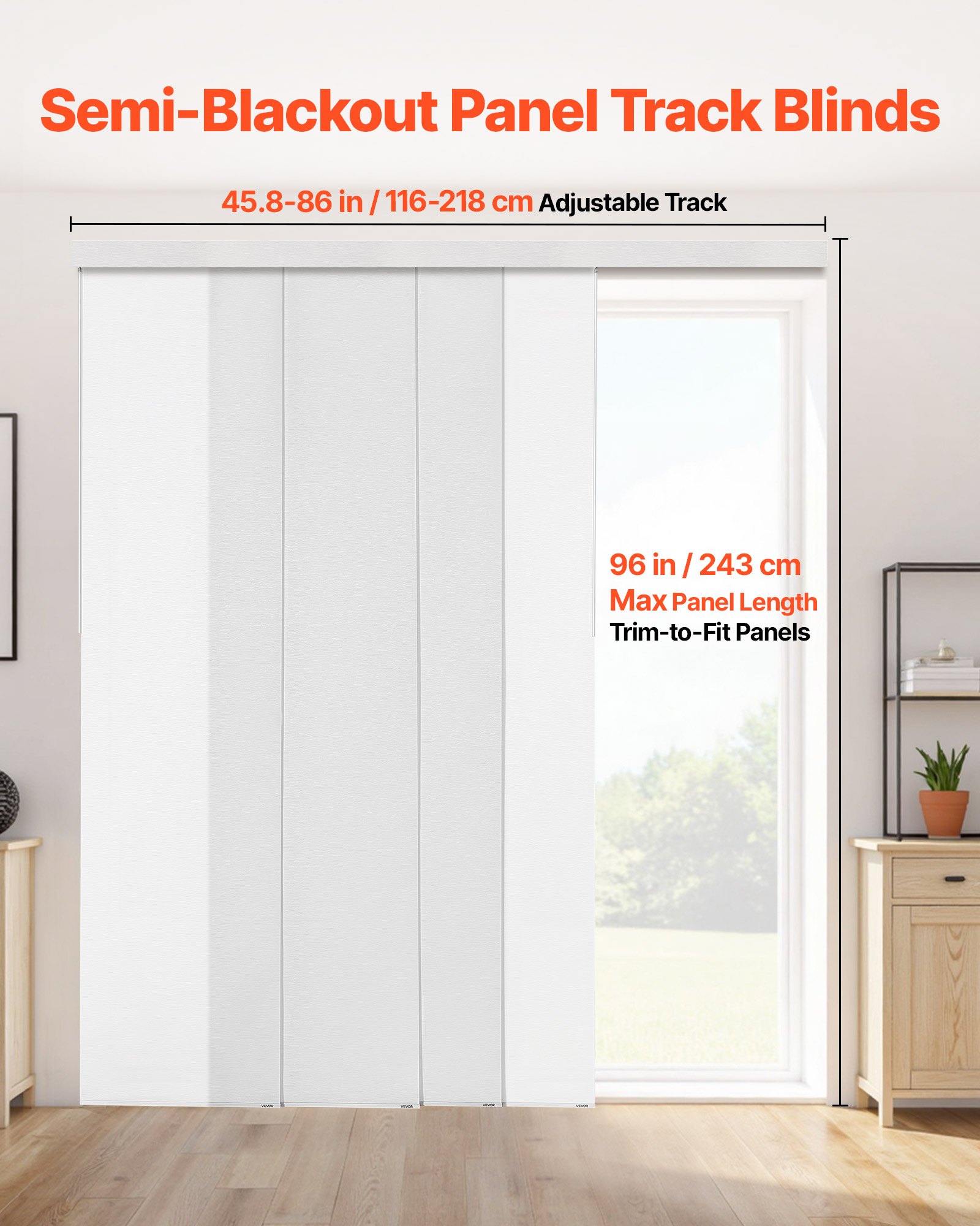 VEVOR Panel Track Blinds, Extendable Track from 116 cm to 218 cm W, Trimmable Panel Curtains Up to 243cm H, Adjustable Vertical Panel Blinds for Sliding Doors, Patio Doors, Room Divider, Window, White