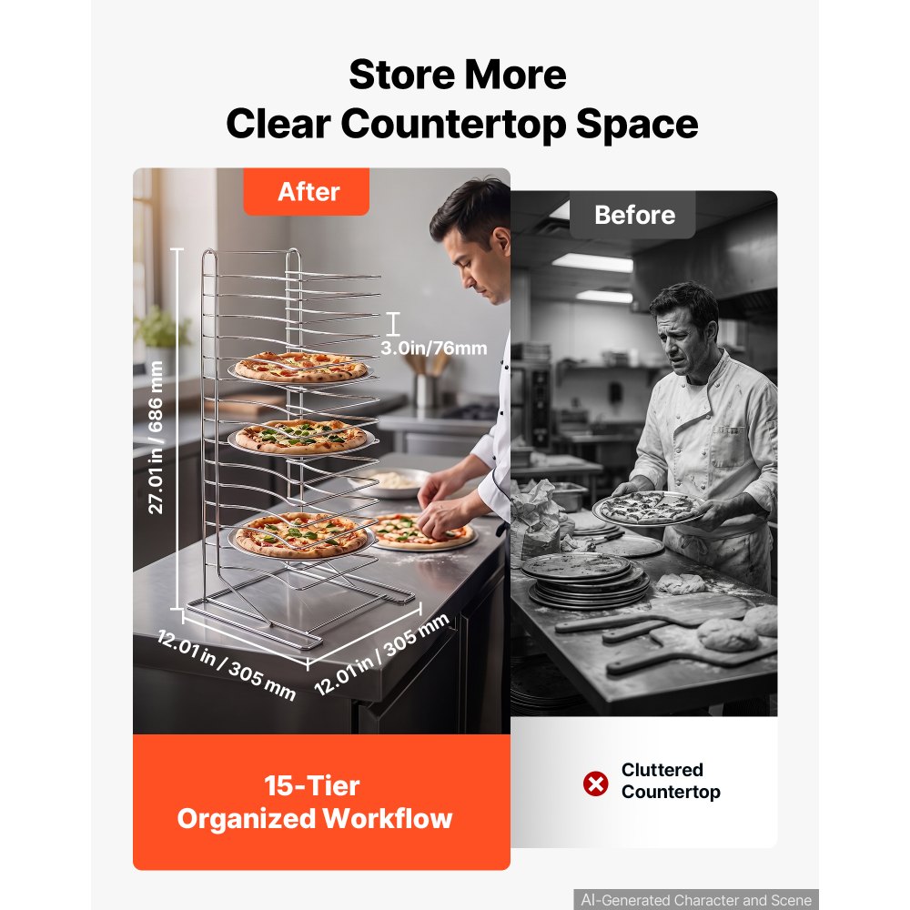 VEVOR Pizza Rack, 15-Tier, Chrome-Plated Steel, Countertop Pizza Pan Sheet, for Pizza Baking, Crisp Crusts, Pizzerias and Foodservice, Cooling Tray Storage Stand, 9 kg Capacity, 31 x 31 x 69 cm