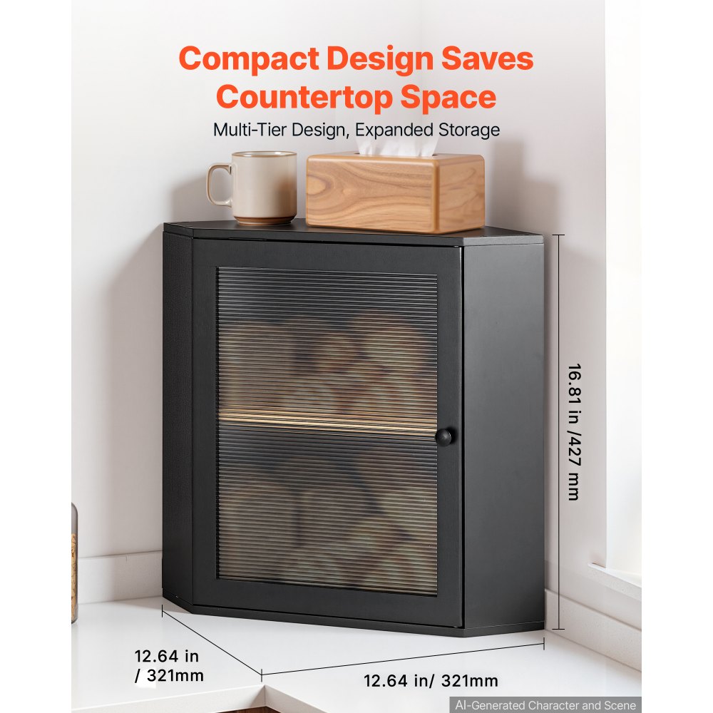 VEVOR Corner Bread Box for Kitchen Counter Bamboo Wood Container Black, for Homemade Bread, Under Cabinet, and Pantry, Double Layer Farmhouse Breadbox Bin, with Acrylic Door Panel and Air Vents