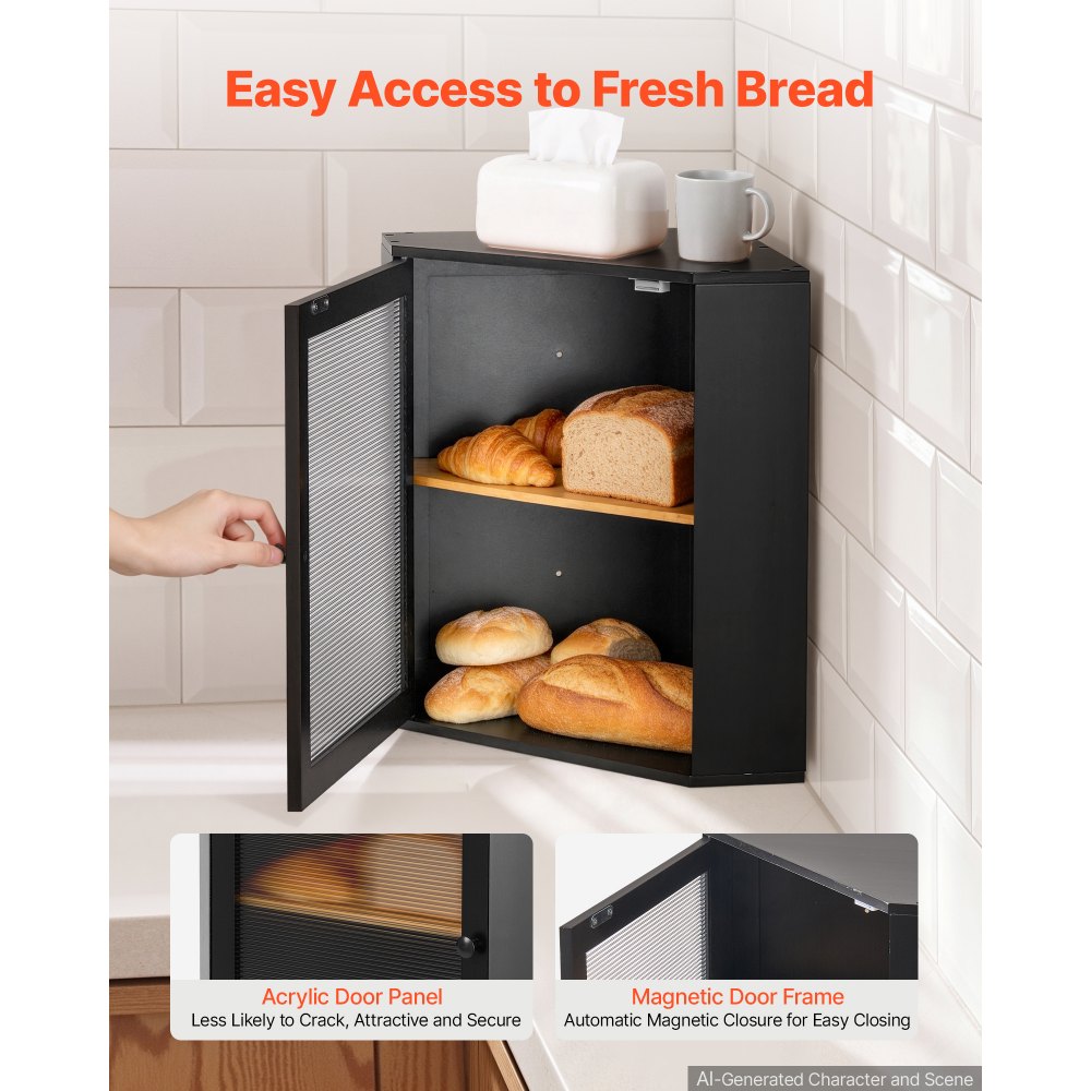 VEVOR Corner Bread Box for Kitchen Counter Bamboo Wood Container Black, for Homemade Bread, Under Cabinet, and Pantry, Double Layer Farmhouse Breadbox Bin, with Acrylic Door Panel and Air Vents